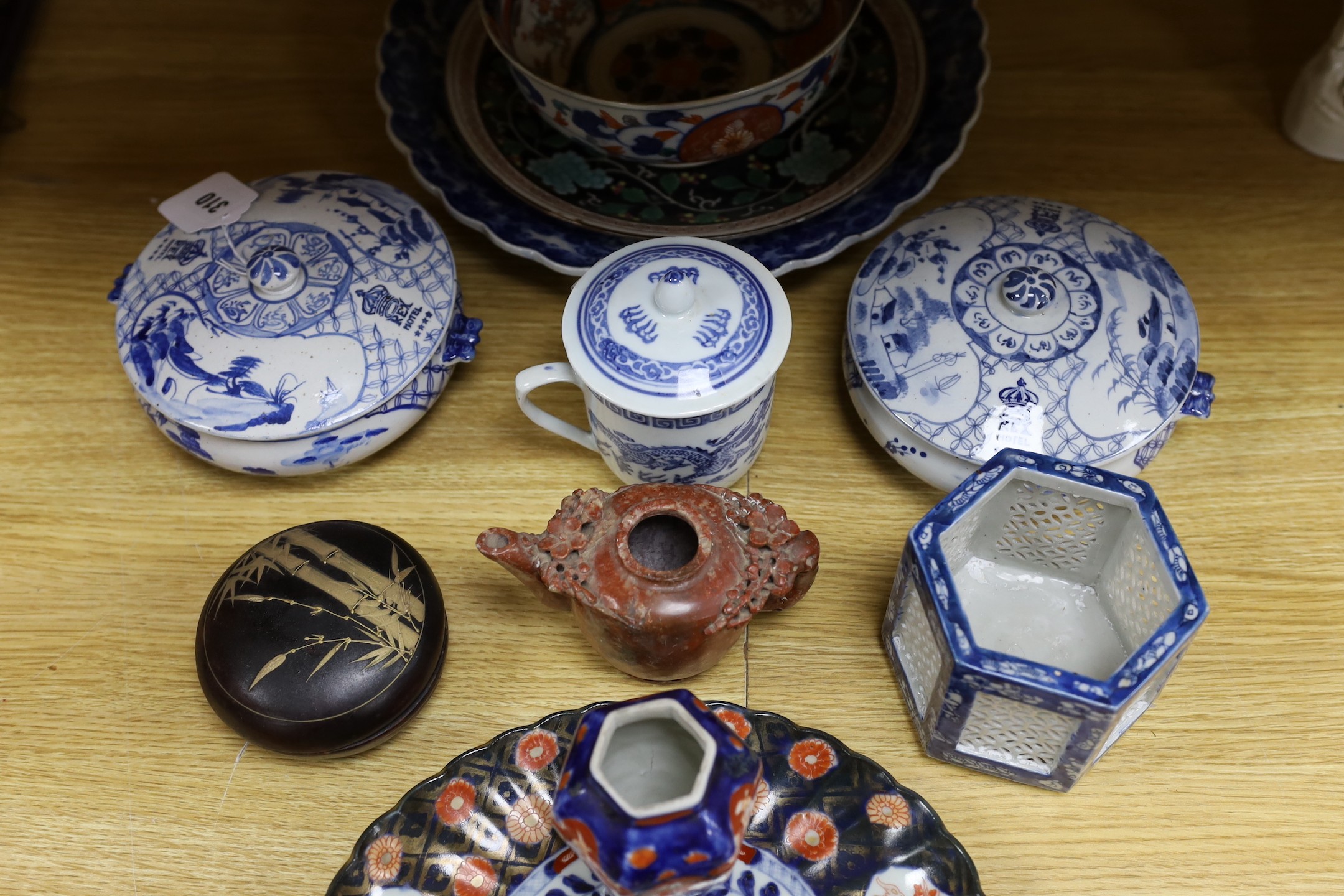 An early 20th century Chinese blue and white prunus vase, group of Chinese, Japanese porcelain Rex Hotel tureens, soapstone wine pot etc